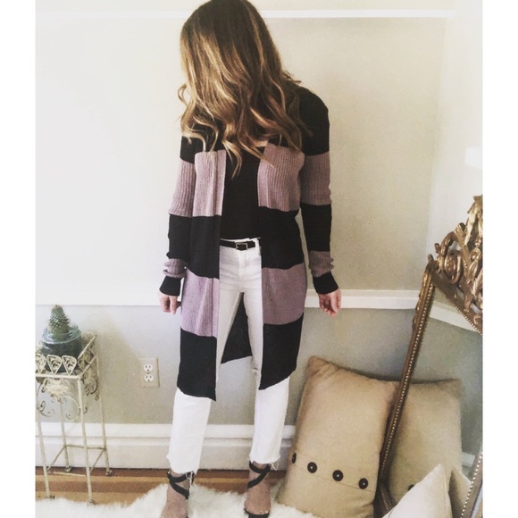 Doe & Rae Sweaters - Purple Black Striped Cardigan Sweater
